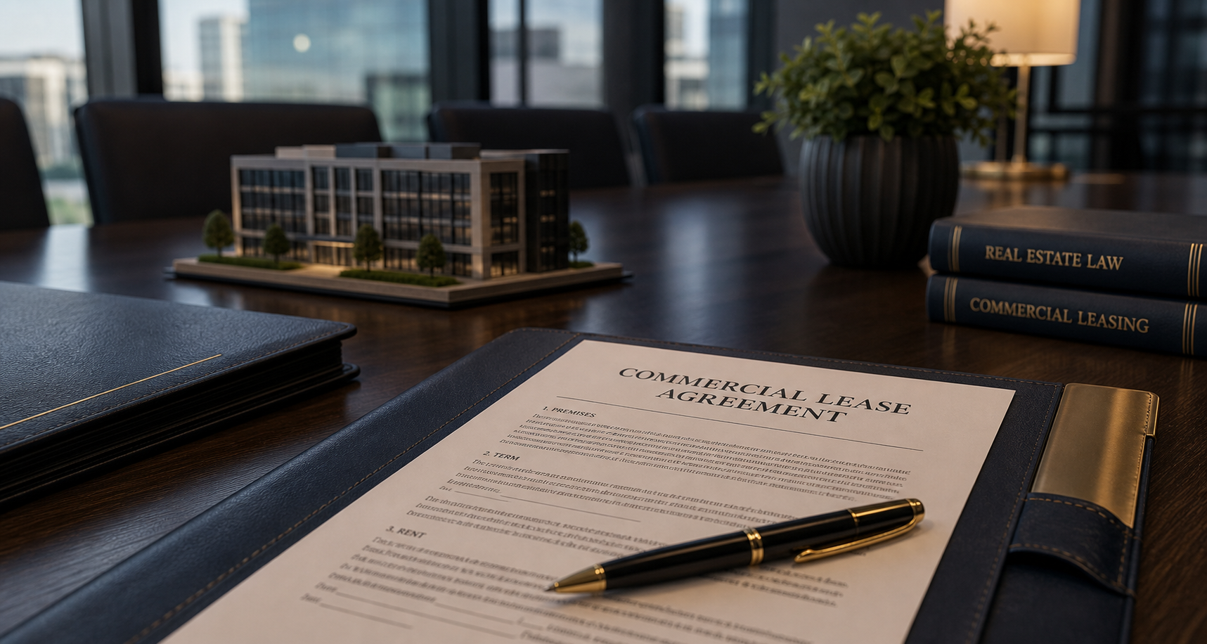 Commercial lease review documents in a professional legal setting