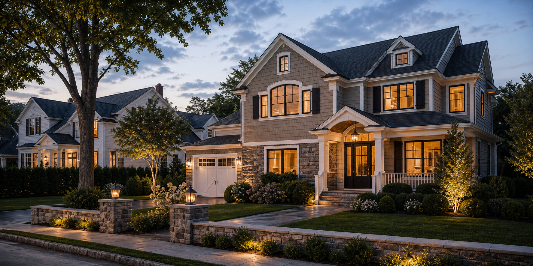 Long Island residential home exterior at dusk